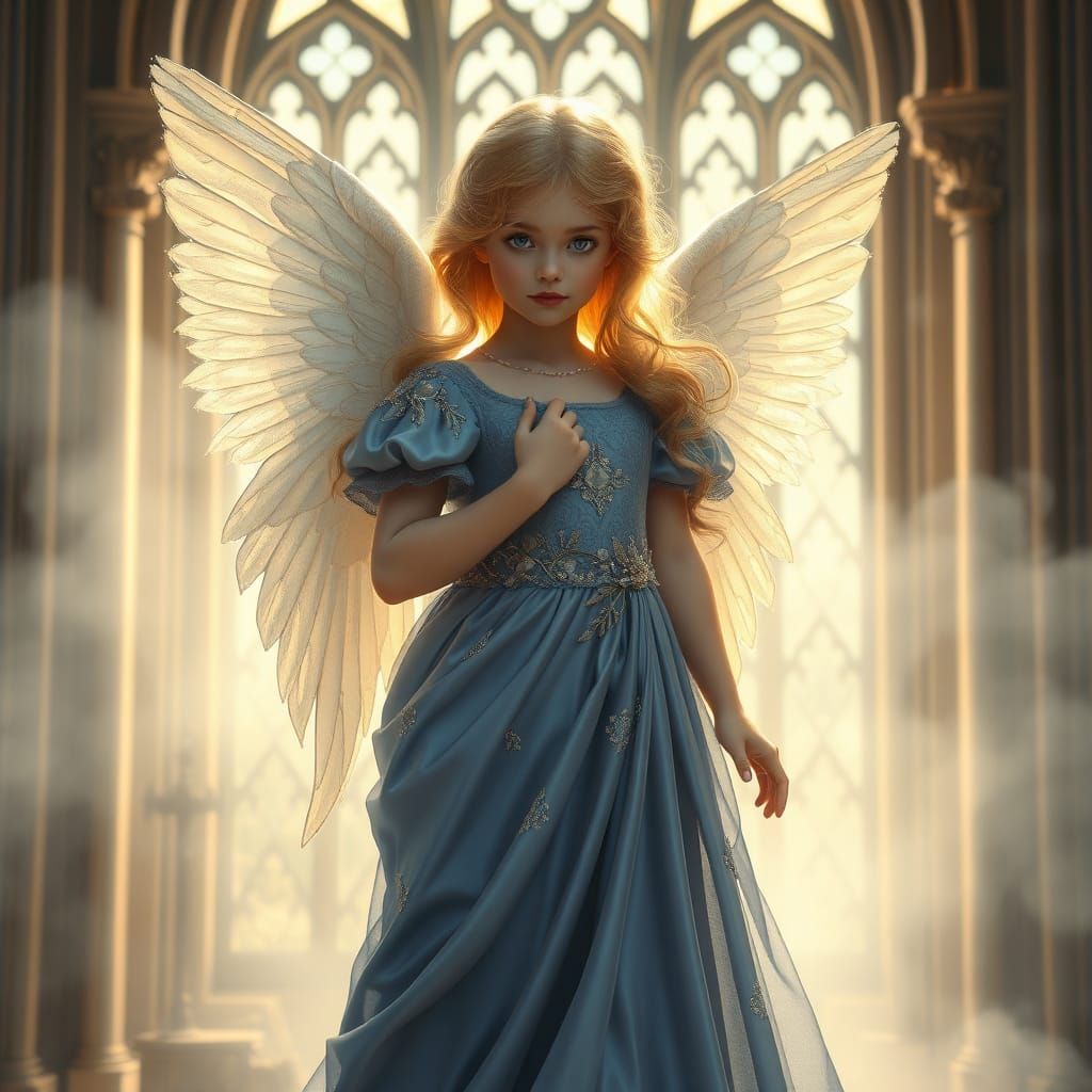 Ethereal Angel in Silk Dress: Art Nouveau Style