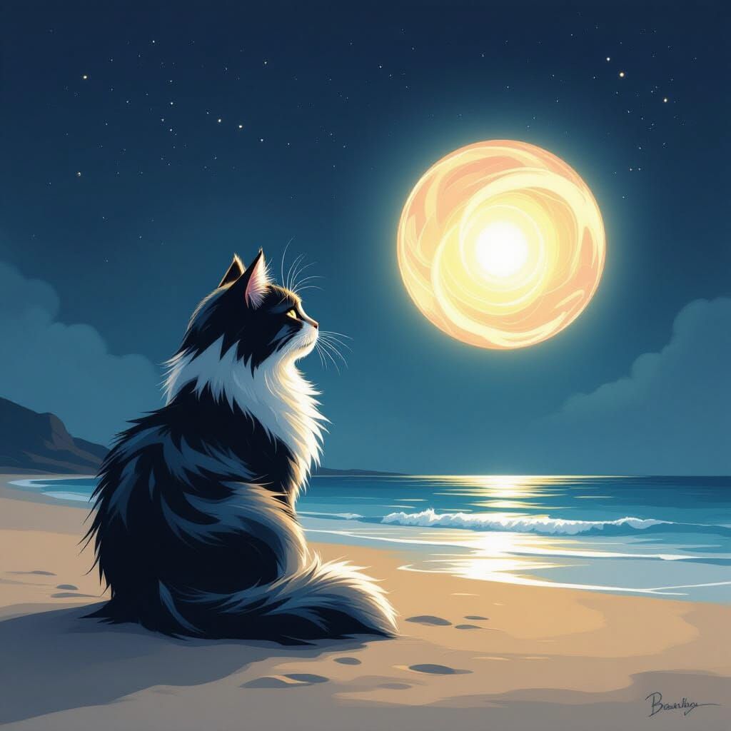 Galactic Cat Gazes at Luminous Orb on Beach