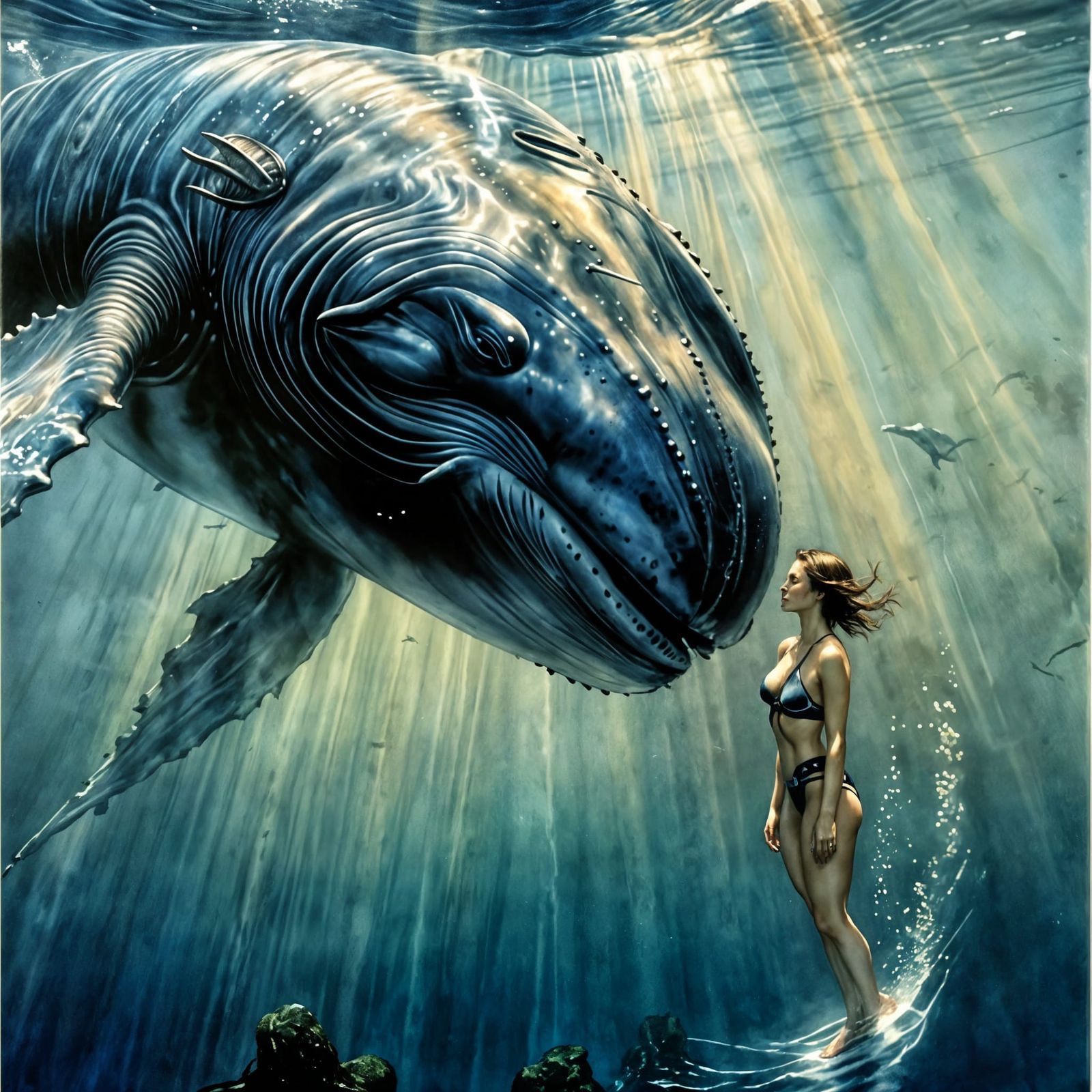 Diver and Whale in Watercolor Art Style