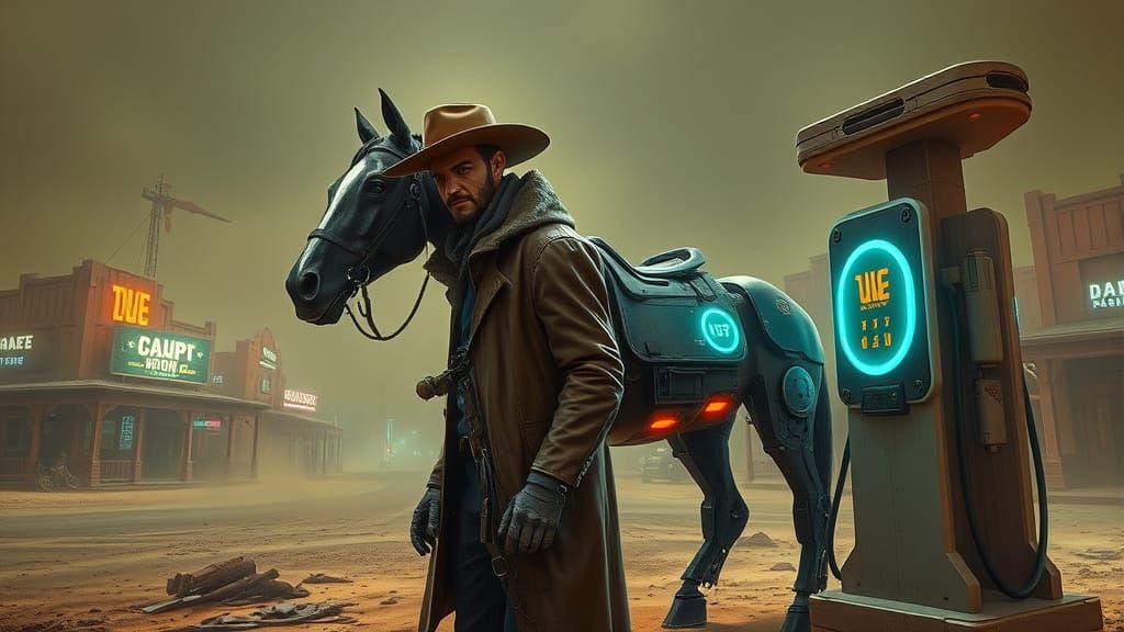 Android Cowboy Charging Electric Horse in Cyberpunk Town