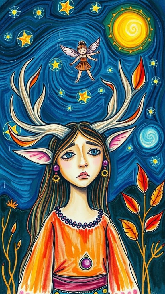 Child's Crayon Drawing: Horned Goddess in Starry Night