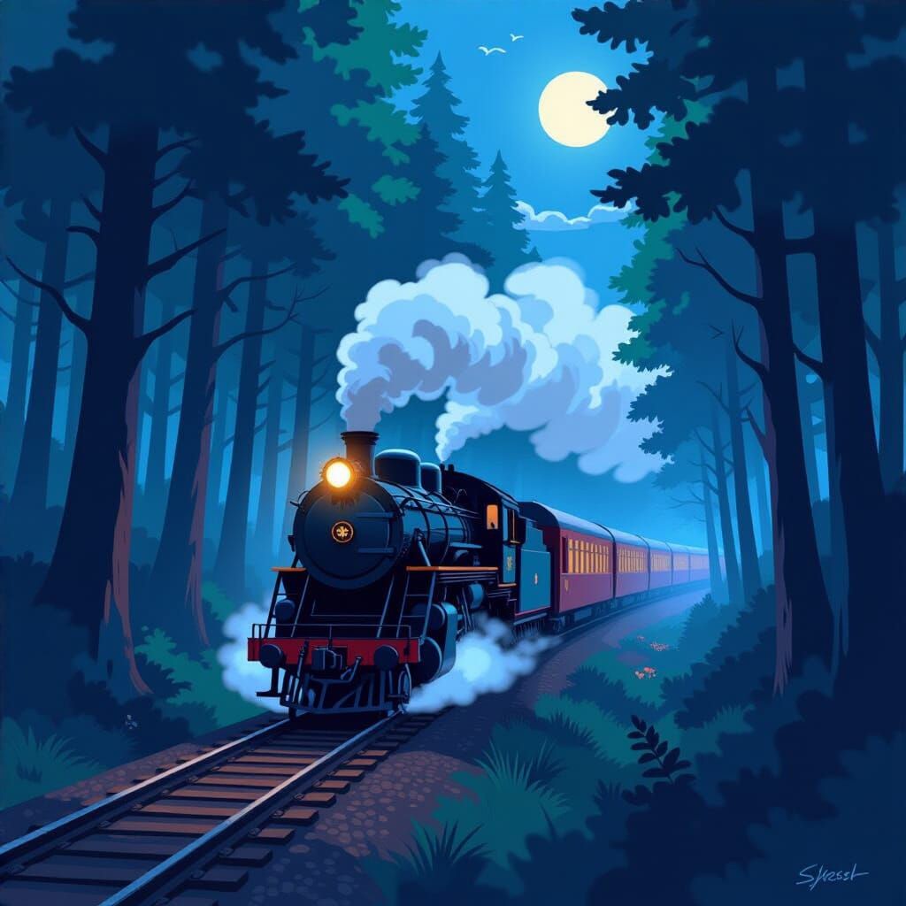 Moonlit Train Journey Through Dark Forest