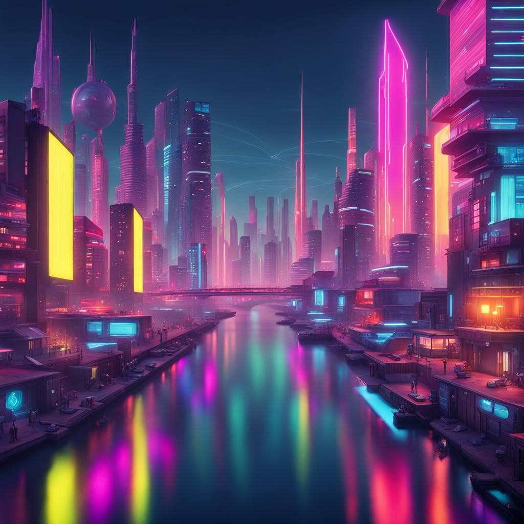 Neon Futuristic Cityscape with River Canal