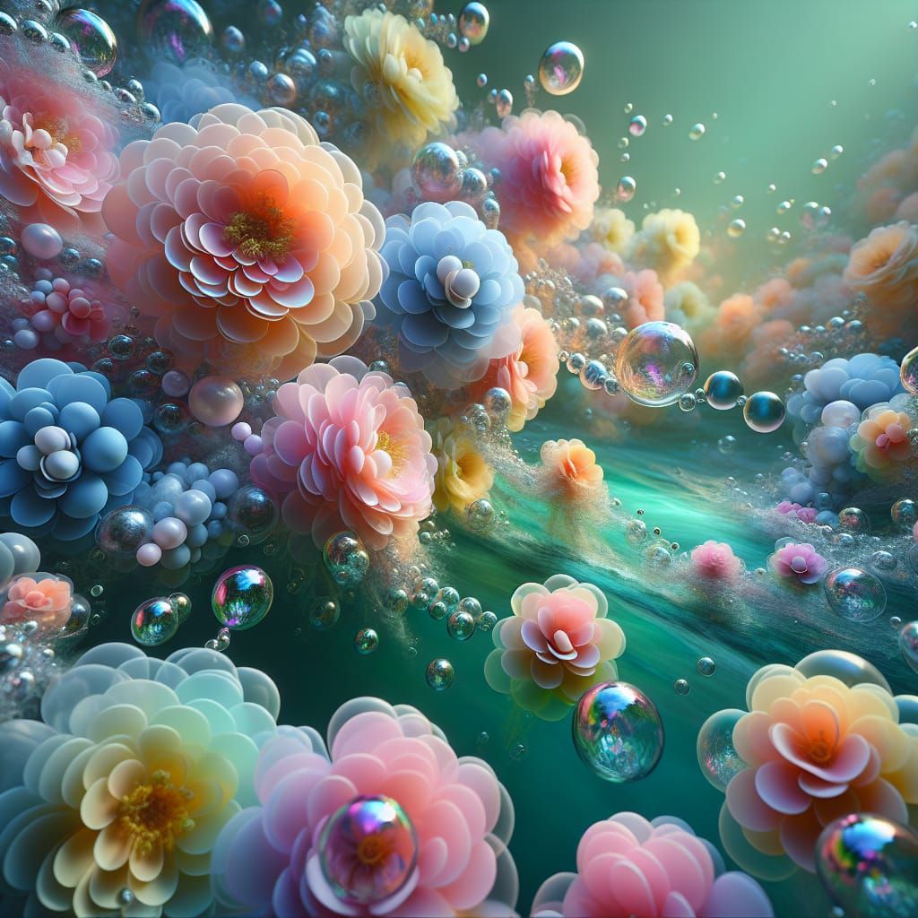 Pastel Flowers in Bubbles Floating Down River