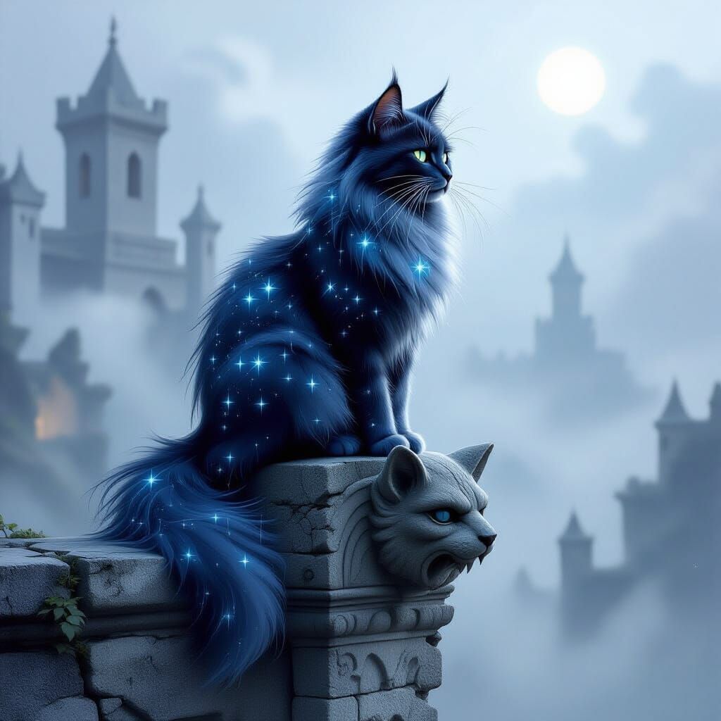 Ethereal Constellation Cat on Gargoyle in Misty Landscape