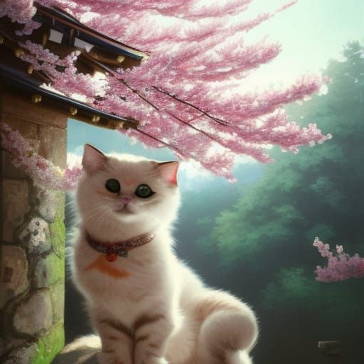 Cute Cat in Japanese Temple with Cherry Blossoms