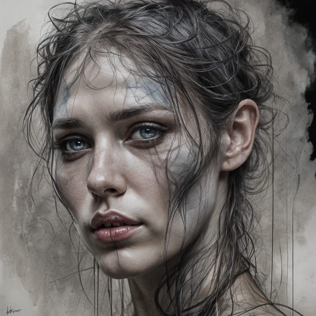 Inky Portrait with Circular Lines and Watercolor Effect