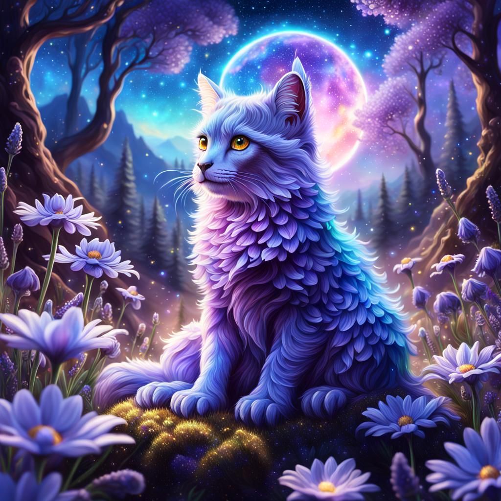 Cosmic Creature on Holographic Flower in Fantasy Forest