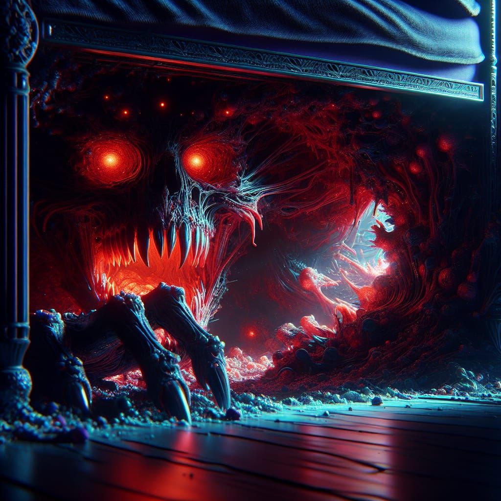 Monster Under Bed with Glowing Red Eyes