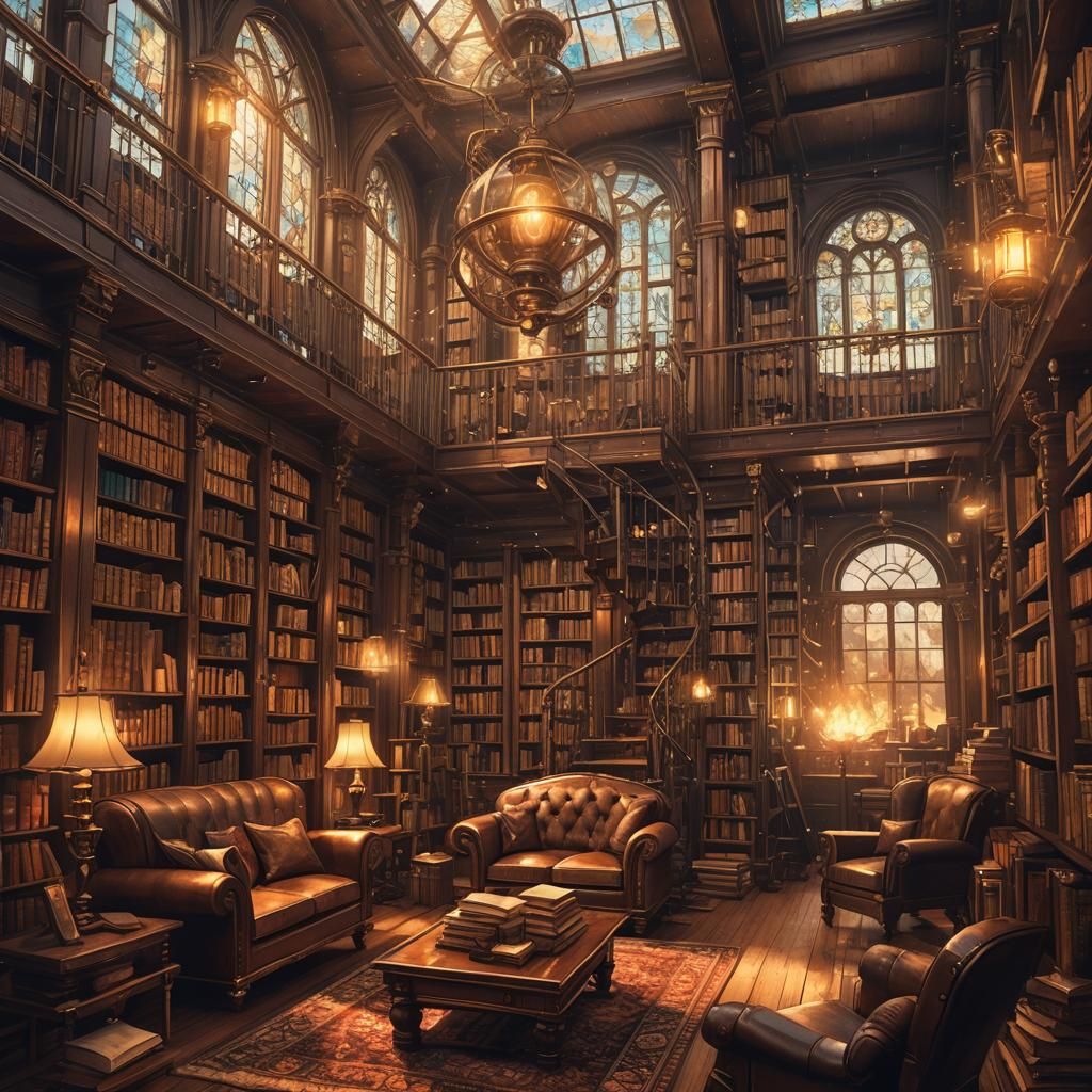 Cozy Steampunk Library in Digital Art Style