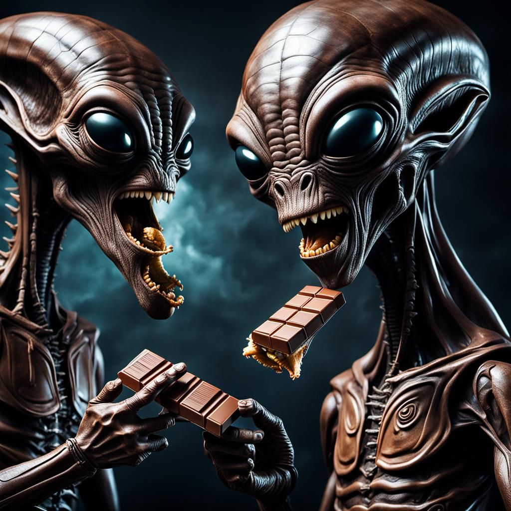 Aliens Eating Chocolate: Hyperrealistic Detailed Scene
