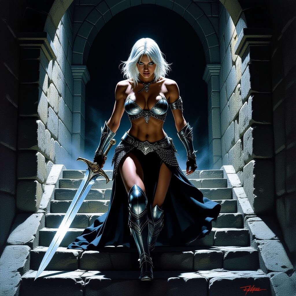 Fantasy Warrior Descends Dark Dungeon Staircase