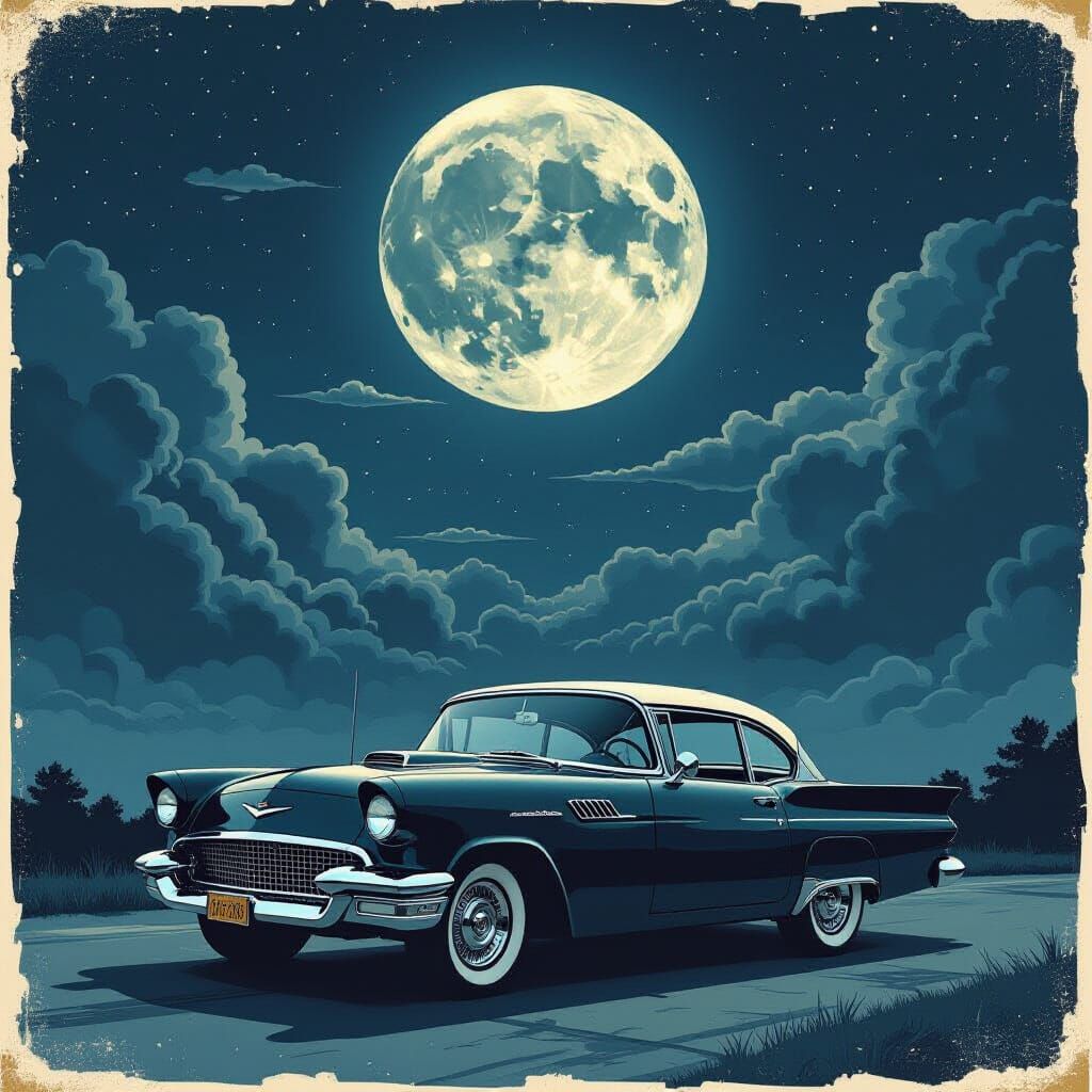Vintage Car Under Moon in Monochrome Illustration