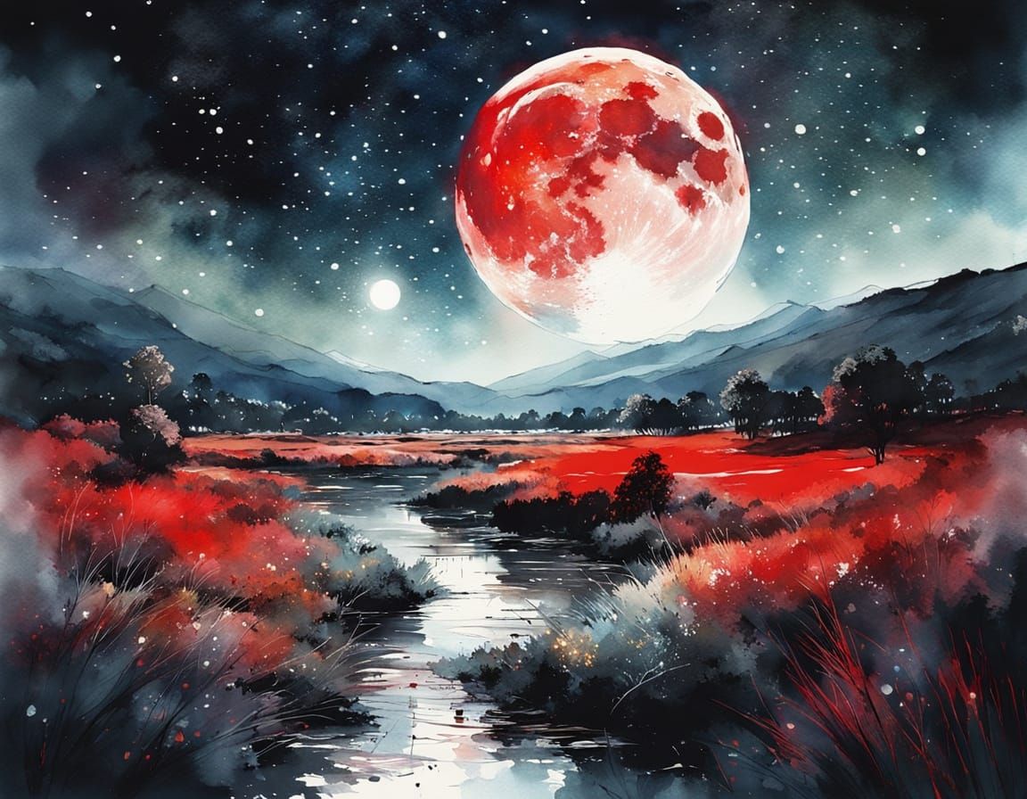 Watercolor Moon Over Starry Valley Landscape