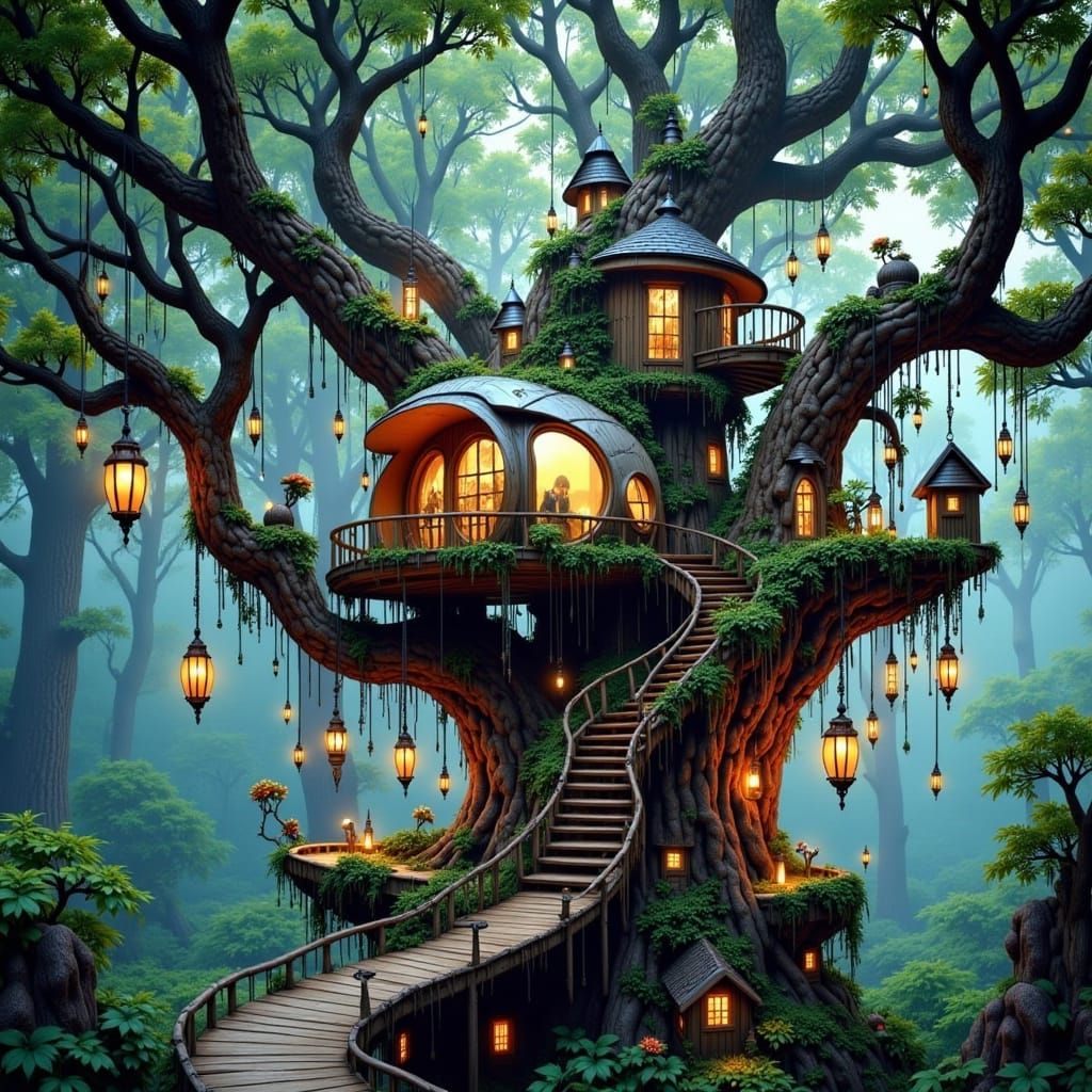 Surreal Treehouse Village with Whimsical Architecture and Gl...