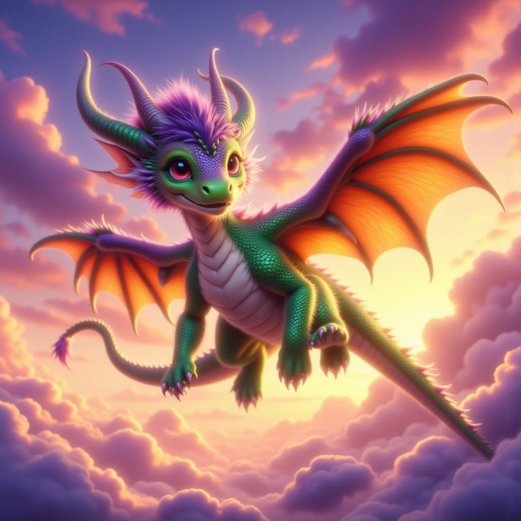 Fluffy Green Dragon Flying in Sunset Sky