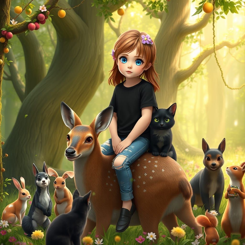 Serene Child Goddess Surrounded by Whimsical Forest Creature...
