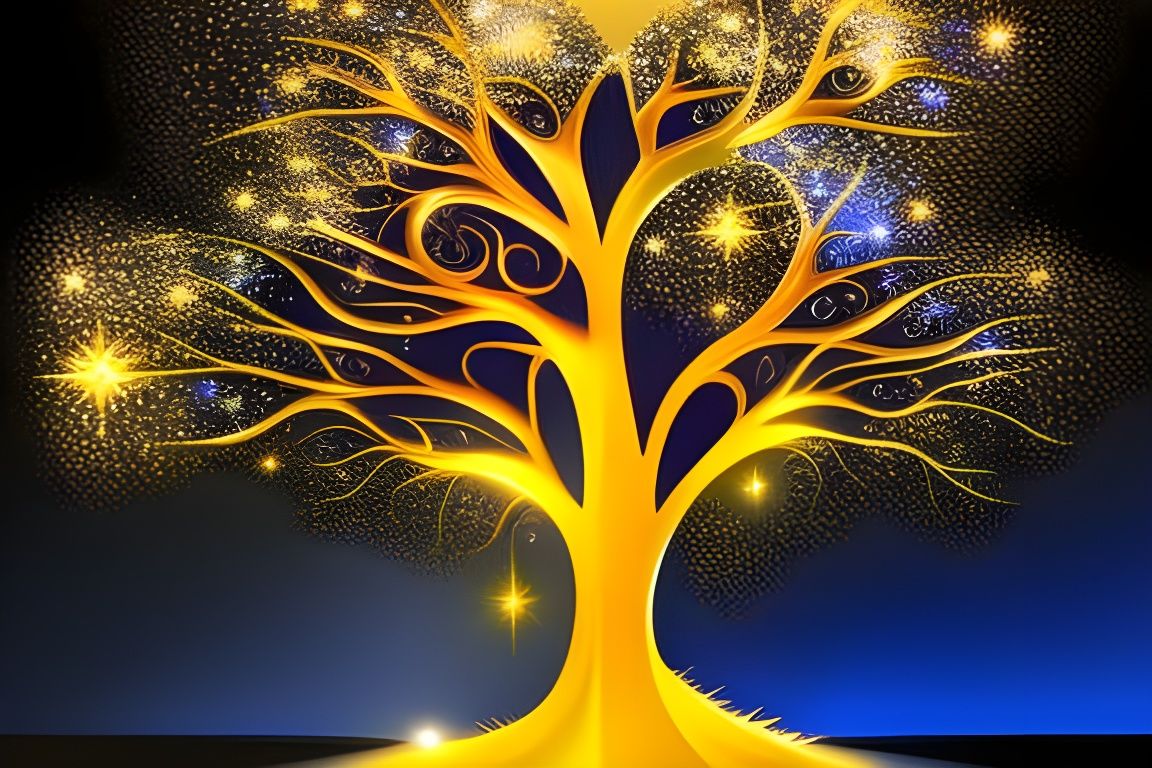 magical tree, fibinacci,golden ratio,spiritual,shooting star in intricate starry sky, night, art deco detailed fantasy b...