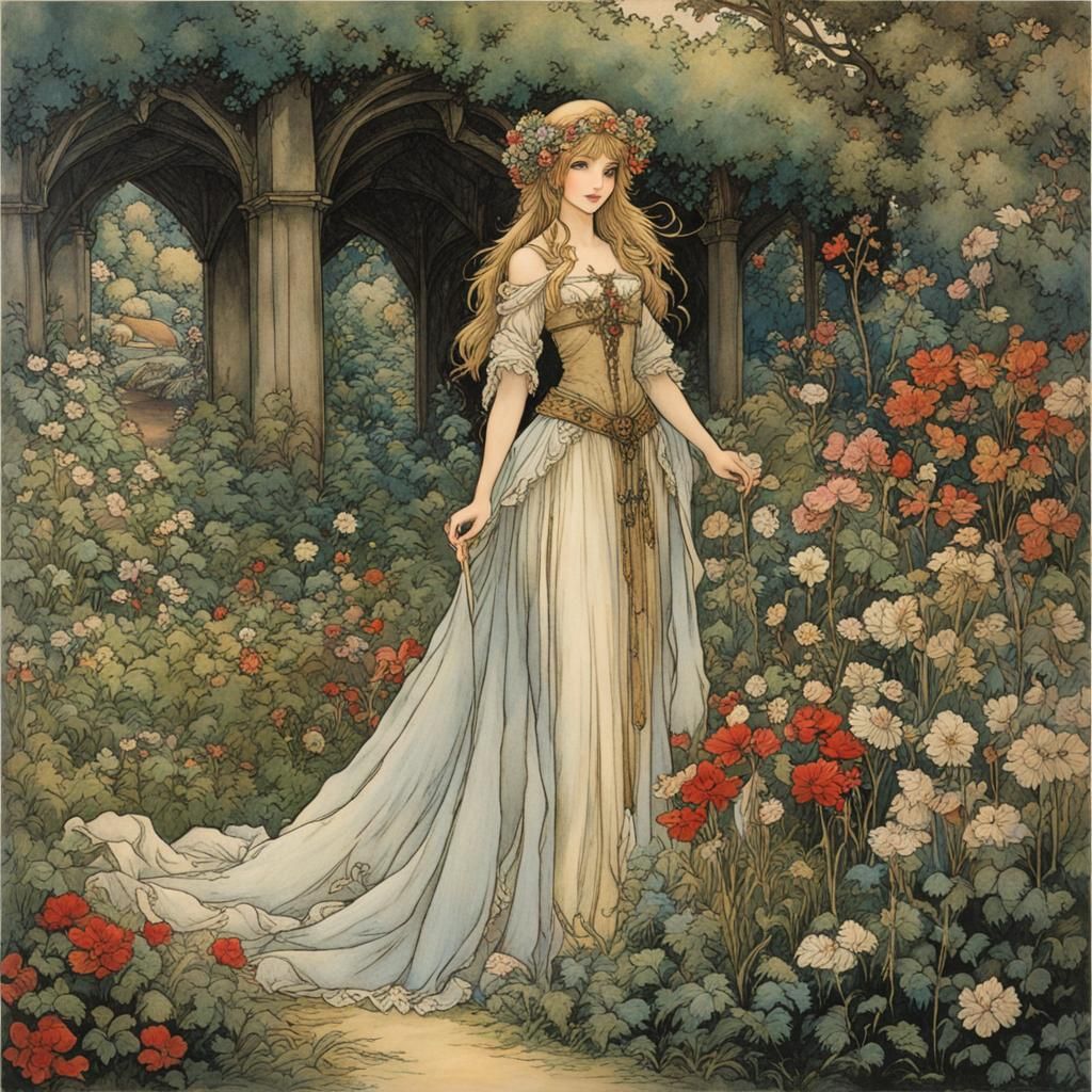 Medieval Maiden in Faluröd Garden, Arthur Rackham Anime Styl...