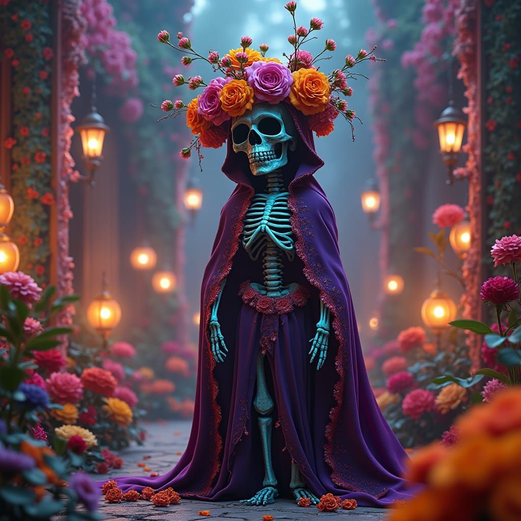 Purple Skeletal Figure in Day of the Dead Celebration