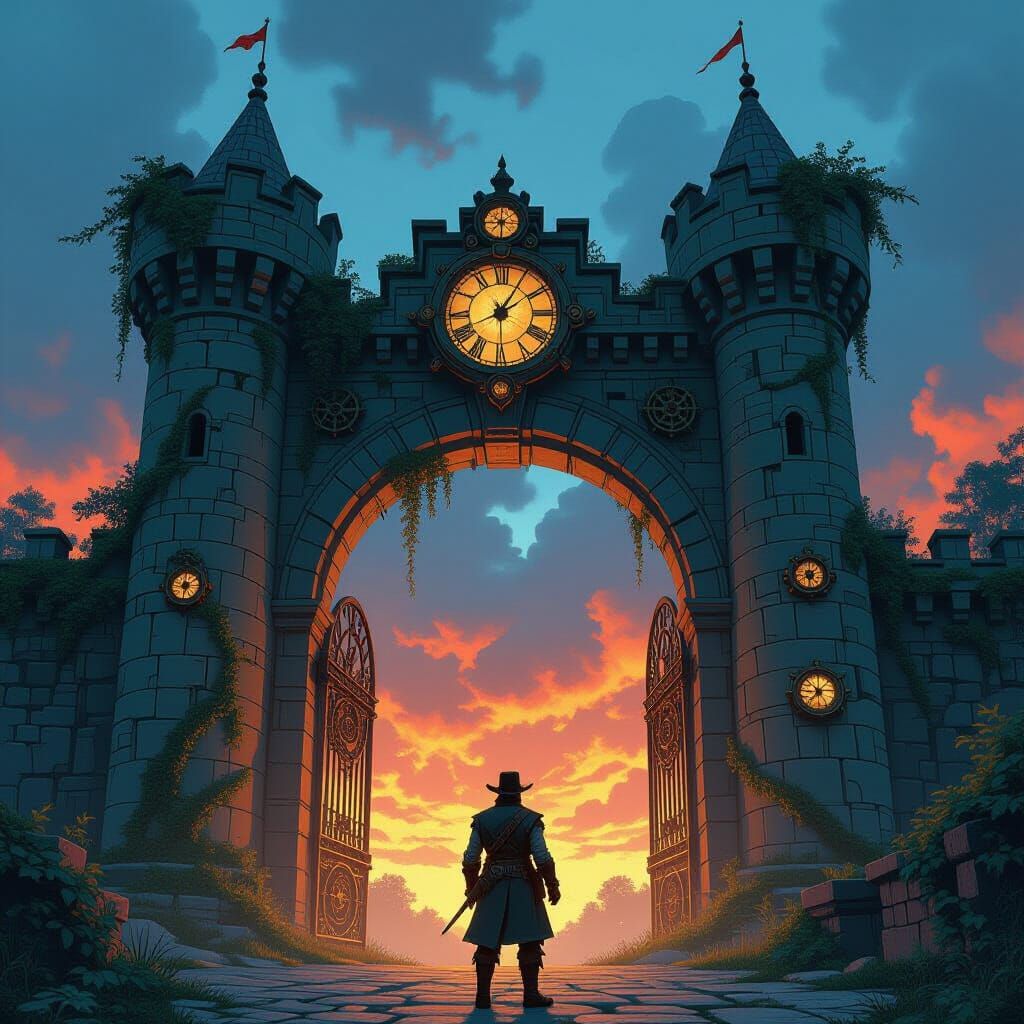 Adventurer at Ancient Castle Gate with Clockwork Details