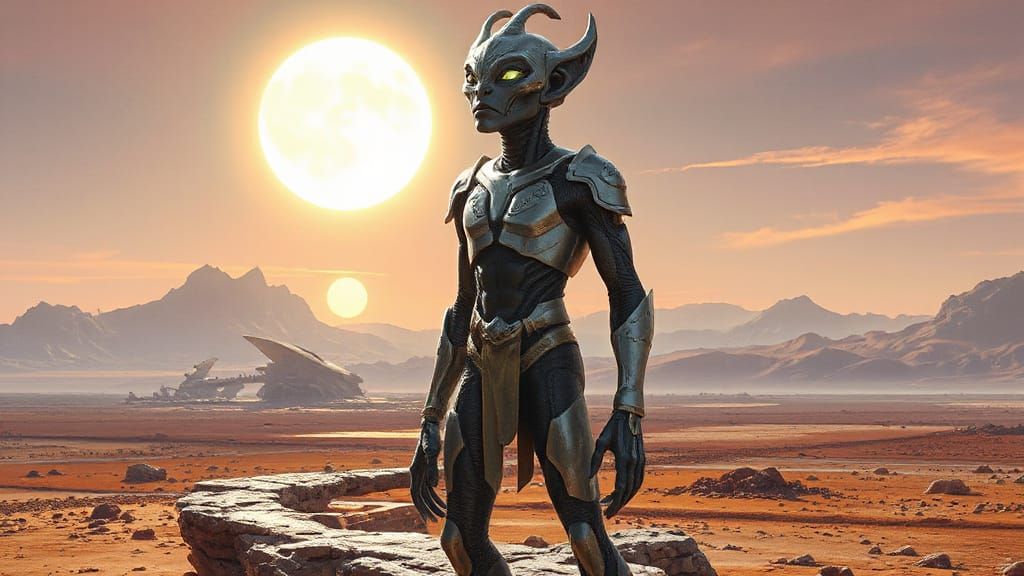 Regalian Alien in Silver Armor Under Alien Sky