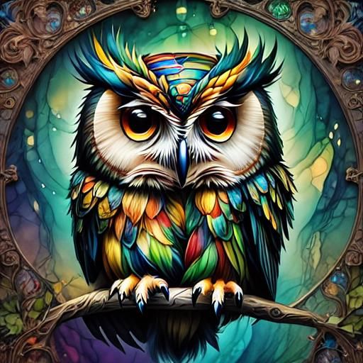 Epic, closeup of a beautiful fantasy owl flying