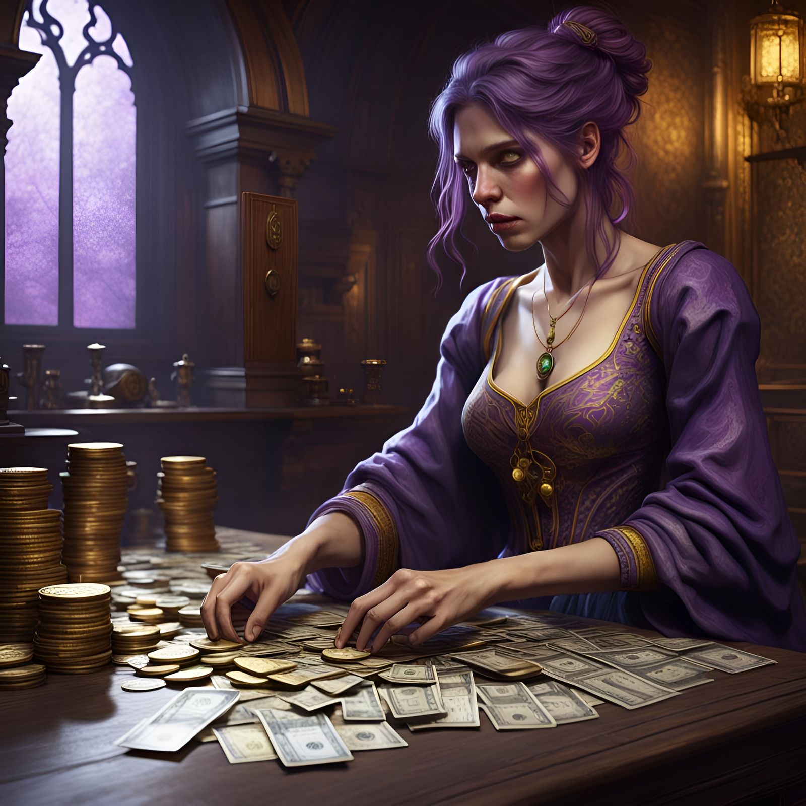 Dark Fantasy Woman Counting Money in 8k
