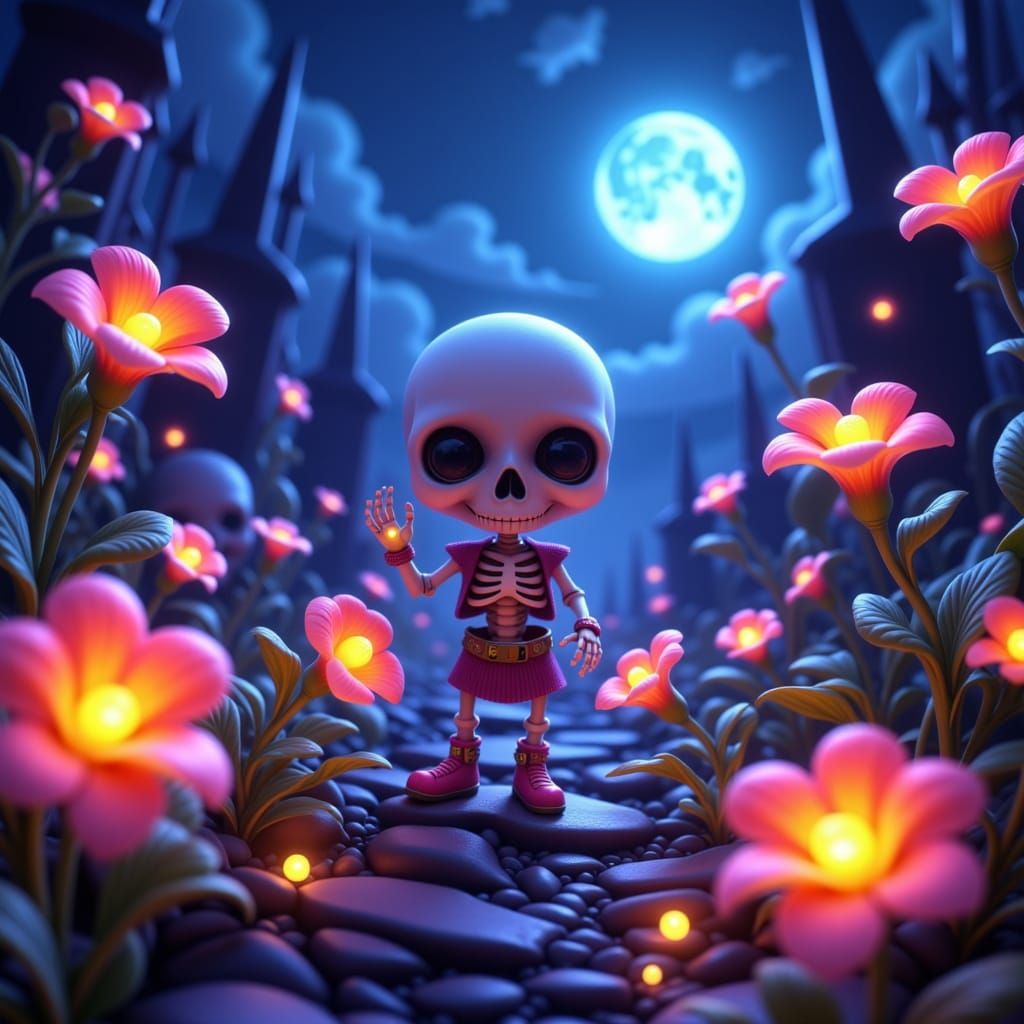 Chibi Skeletons Play in Moonlit Graveyard CGI Style