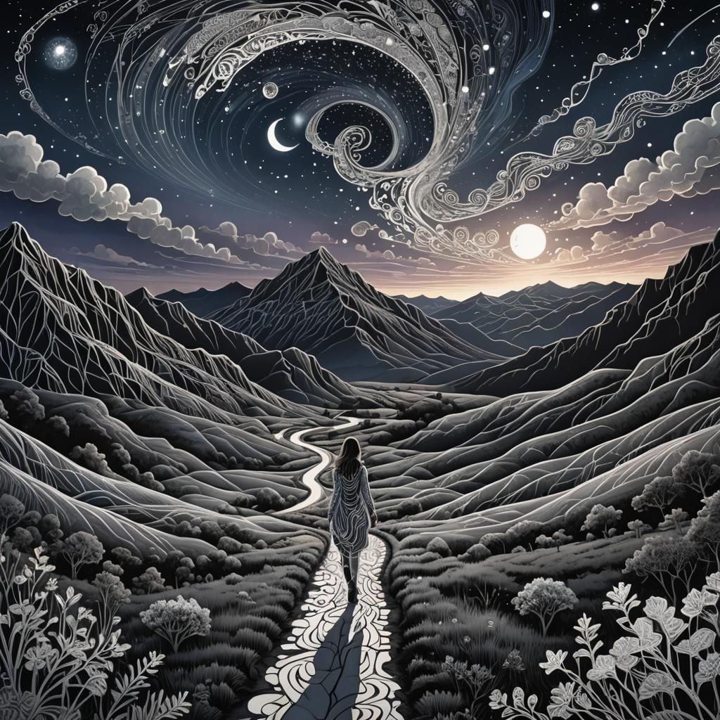 Dreamscape Valley: Zentangle Art in Cosmic Night