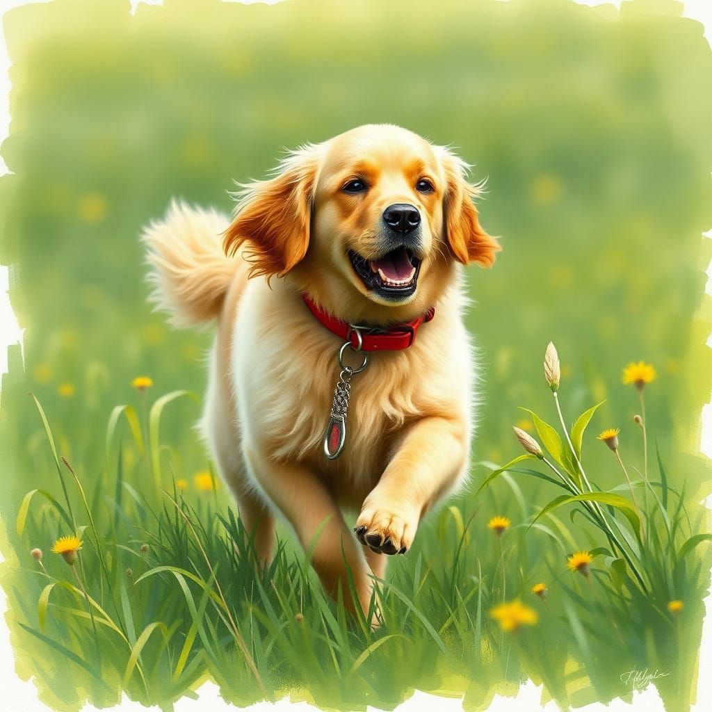 Golden Retriever Runs in Meadow, Painterly Style