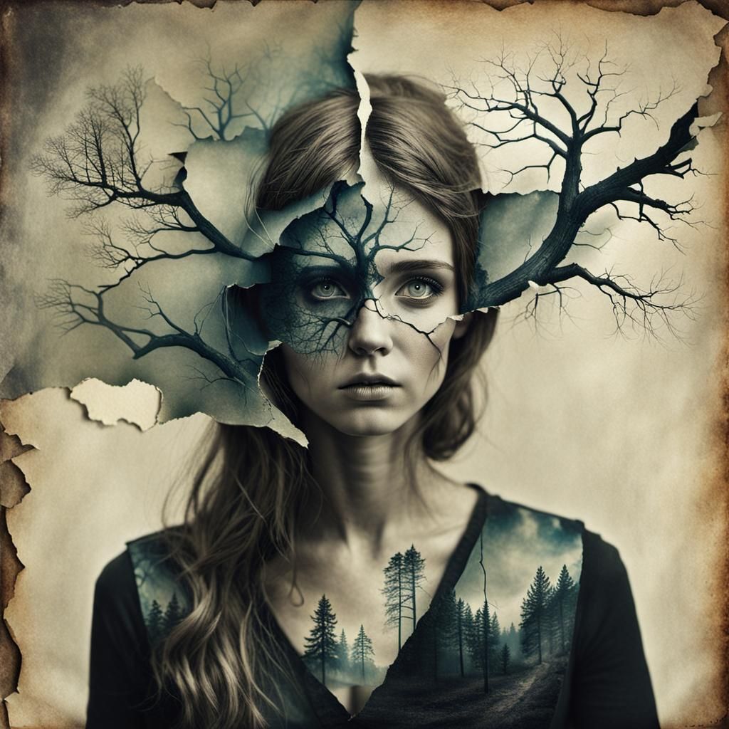 Surreal Double Exposure Art on Vintage Paper