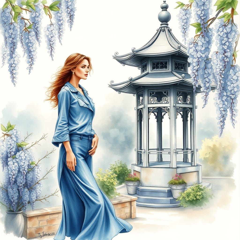 Serene Garden Scene with Silver Pagoda and Woman