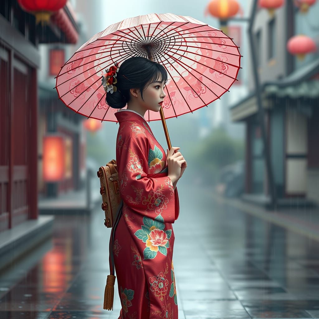 Vibrant Korean Girl Walks Alone in the Rain with Traditional...