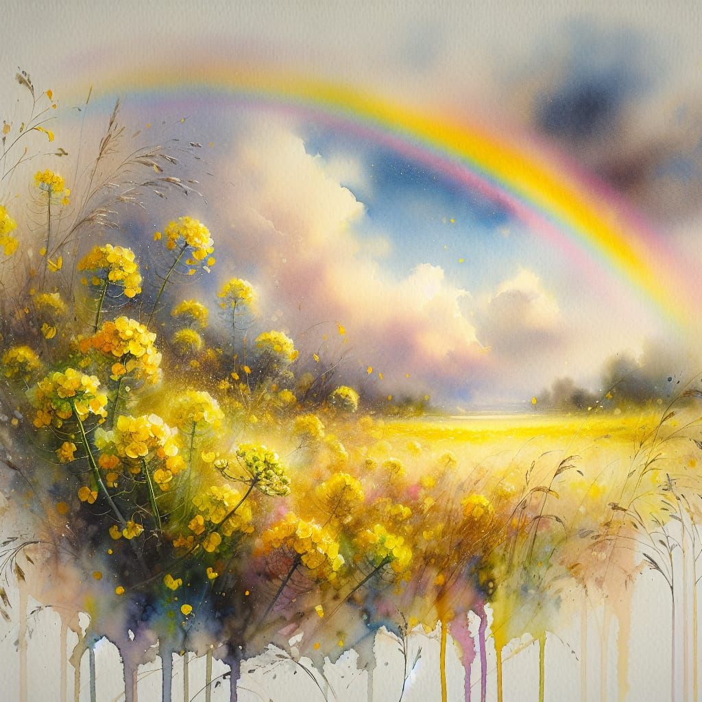 Dreamy Watercolor Wildflowers Under a Rainbow