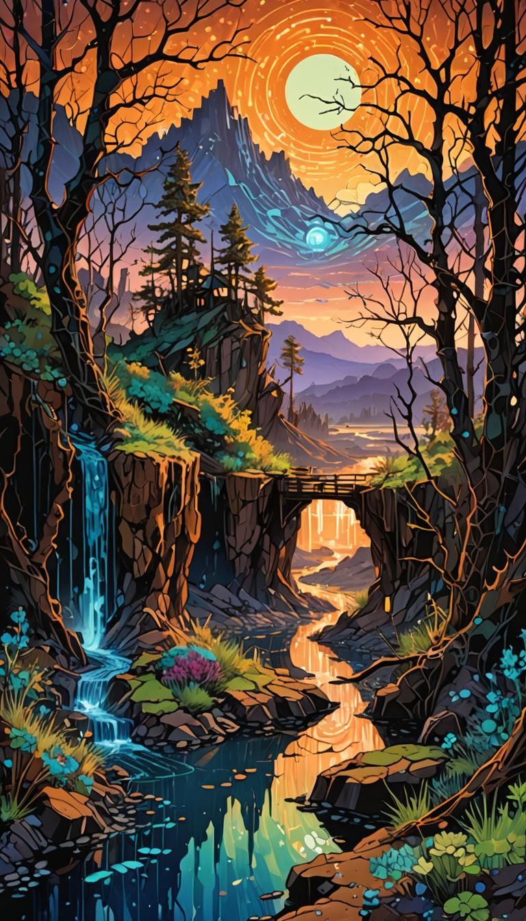 Surreal Chromatic Landscape with Bioluminescent Details