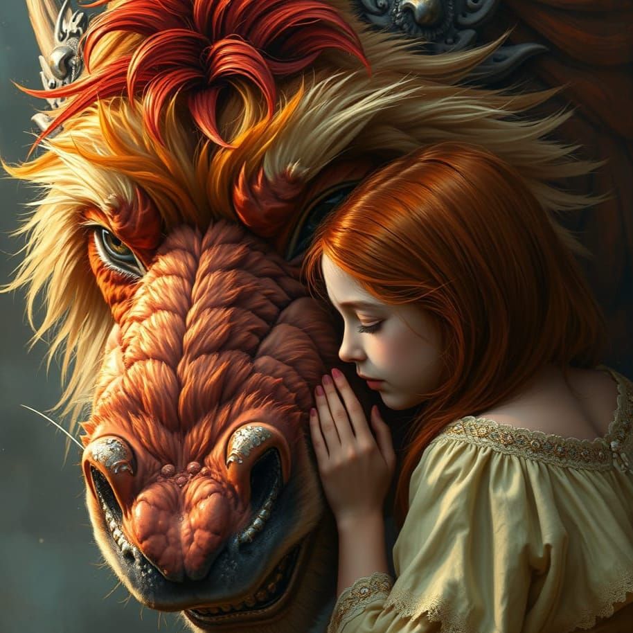 Shaggy Dragon and Kneeling Redhead in Intimate Portrait