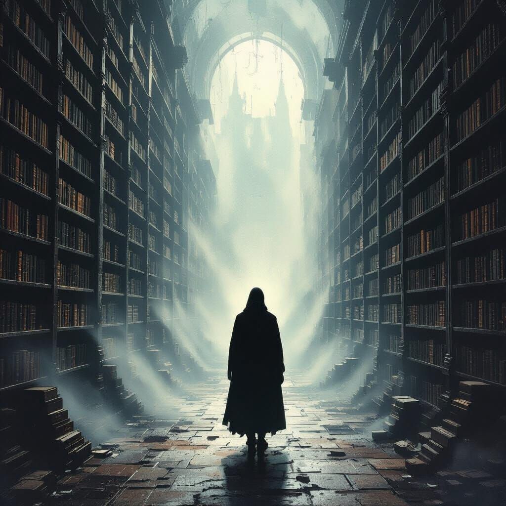 Solitary Figure in Infinite Ancient Library Digital Painting