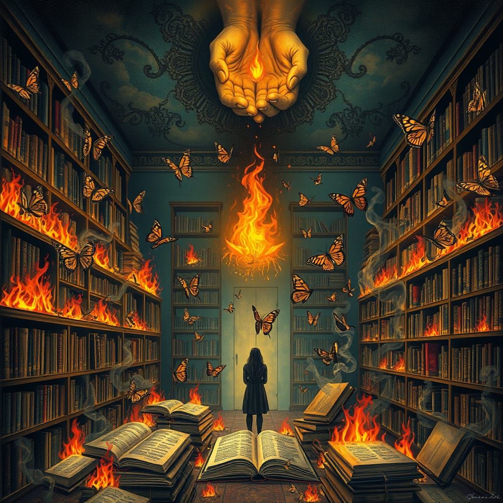 Labyrinthine Library in Flames Transforms into Whispers of M...