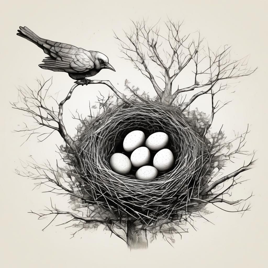 Detailed Hatch Drawing of Birds Nest with Eggs