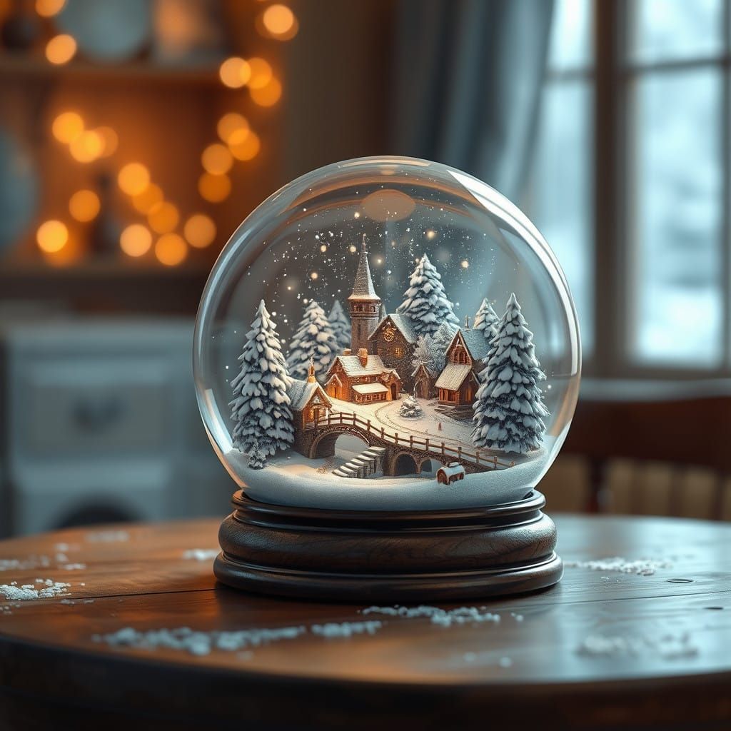Snowy Village Serenity in a Golden Snow Globe
