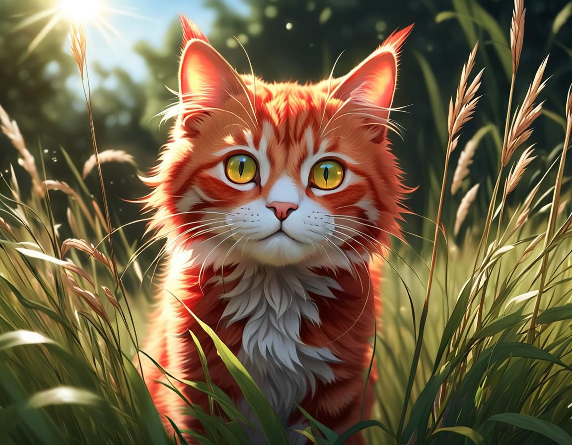 Playful Red Cat in Tall Grass: 3D Anime Art