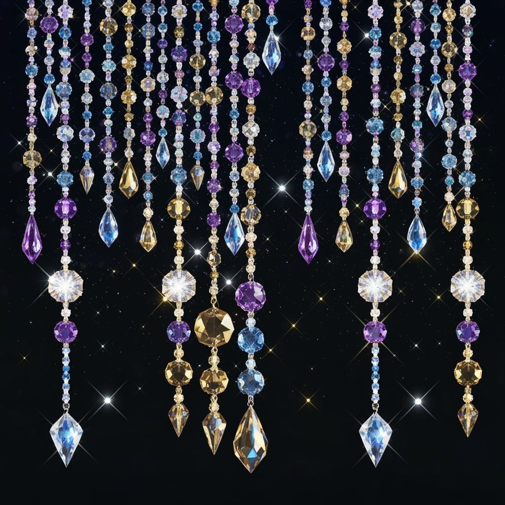 Colorful Crystal and Bead Strands Sparkle Against Dark Backg...