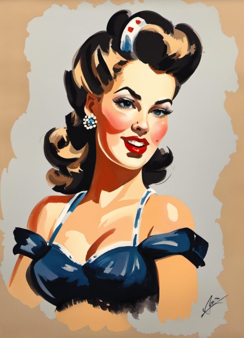 Classic Gouache Portrait of a Pin-Up Girl