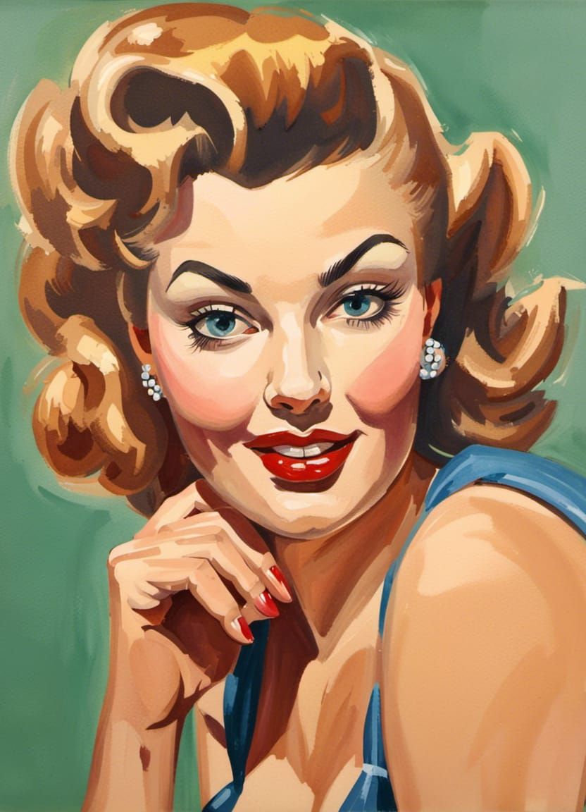 Classic Pin-Up Girl Portrait in Gouache Style