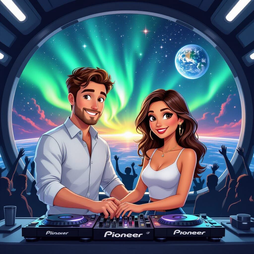 Couple DJing Together on a Space Station with Galaxy View