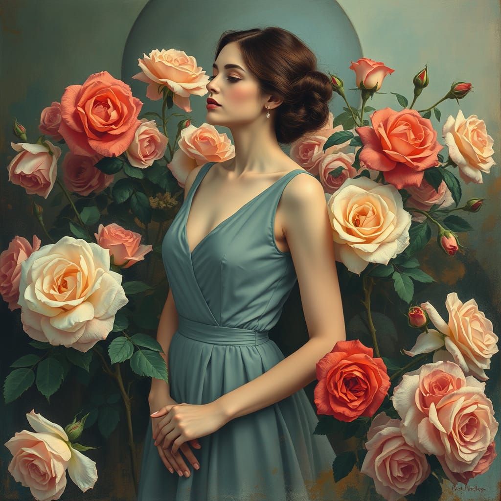 Woman Surrounded by Roses in Abstract Expressionist Style