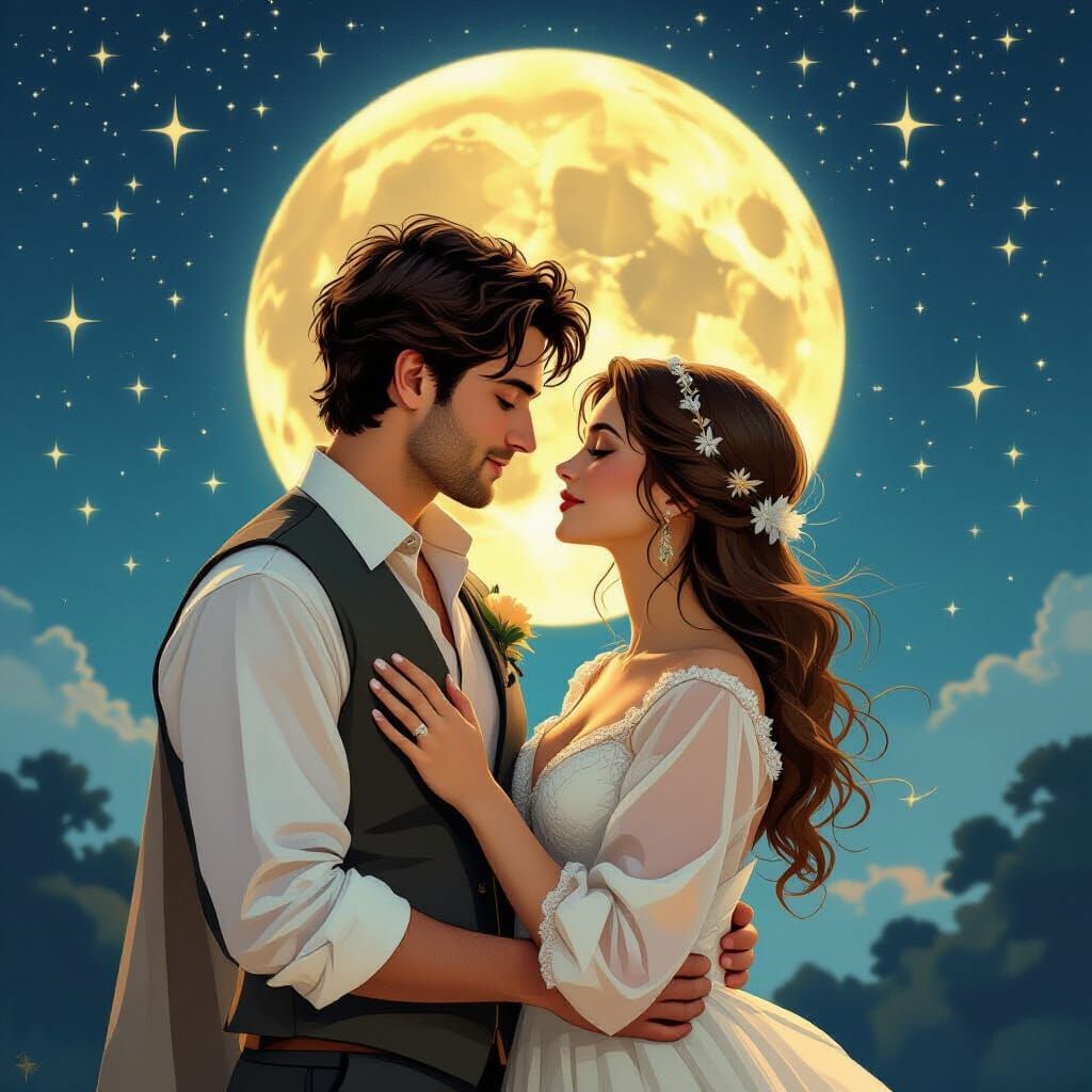 Romantic Couple Under Starry Moonlight in Art Nouveau Style