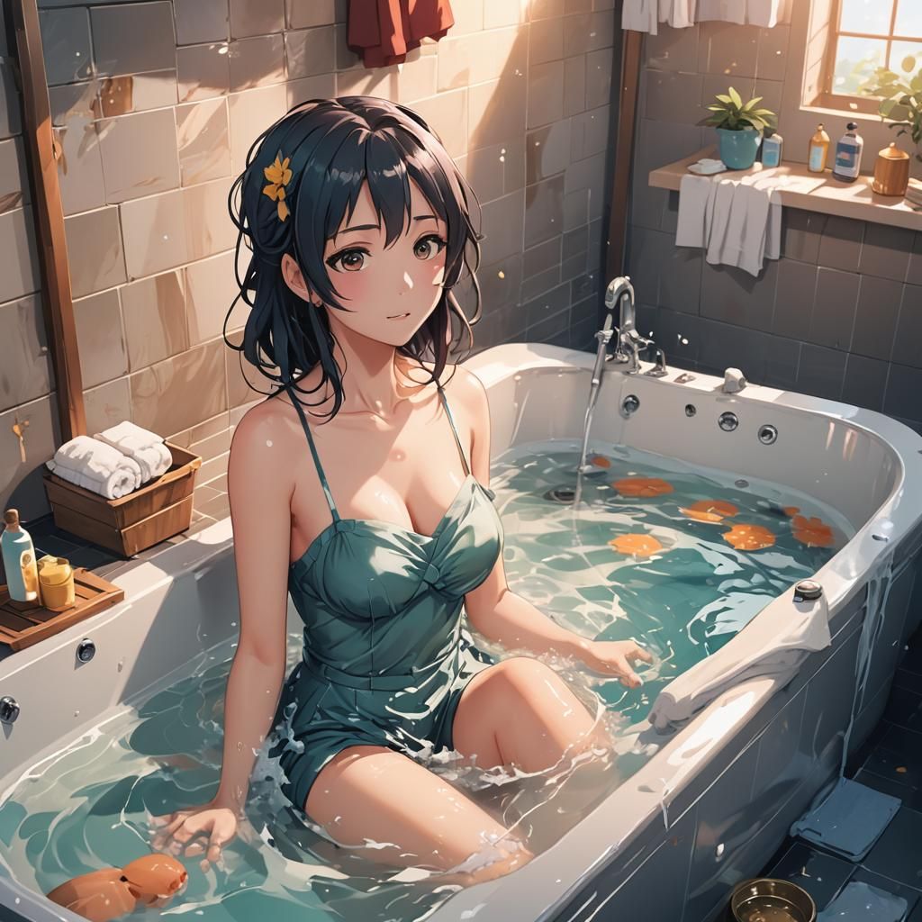 Anime Girl Bathing: Cel-Shaded Manga Art