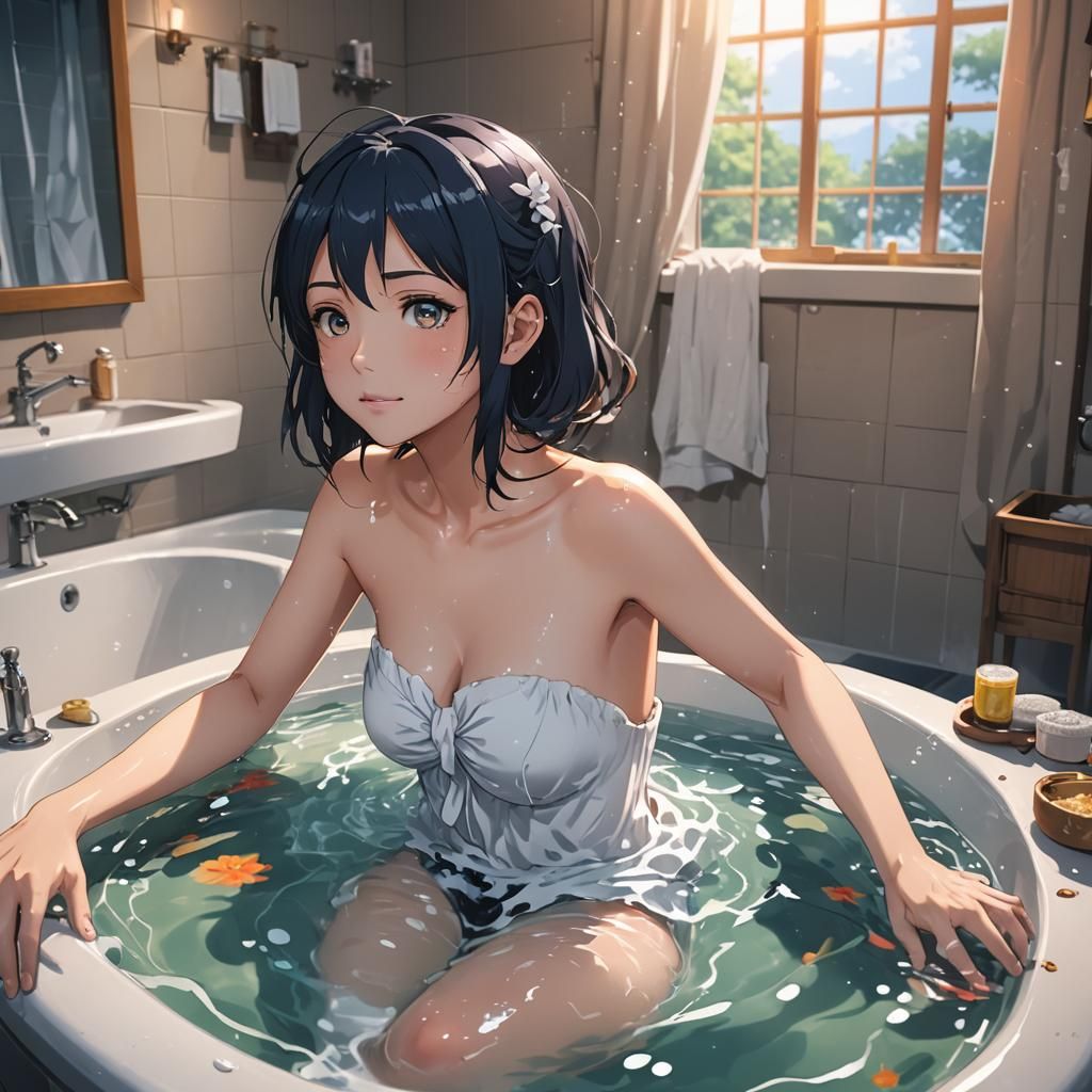 Anime Girl Bathing: Cel-Shaded Manga Art